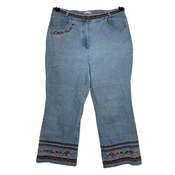NorthWest Blue Woman Denim Jeans Floral Embroidered Wide Flare Leg Boho Sz 22W - Picture 1 of 15